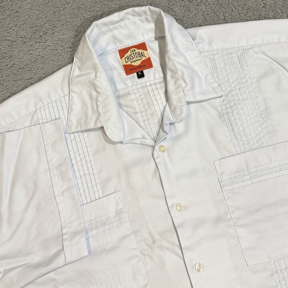 San Cristobal Shirt Mens XL Blue Pleated Short Sleeve Button Guayabera Pockets